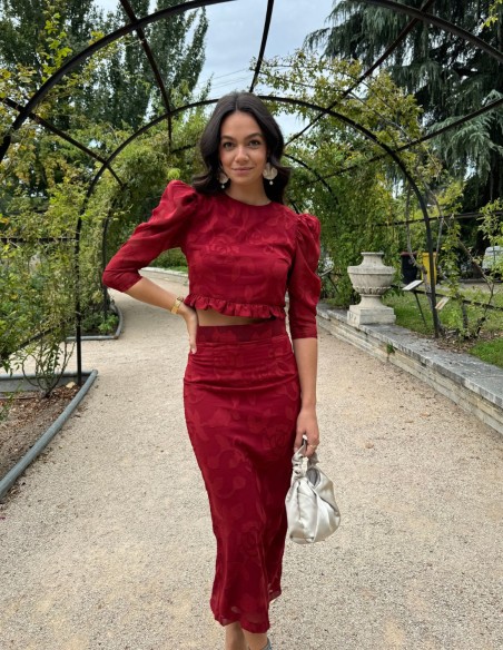 Brocaded chiffon tube top and skirt set