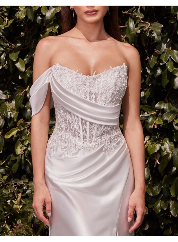 Satin wedding dress with lace and bare shoulder