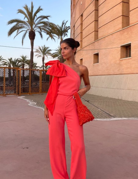 Long party jumpsuit with asymmetrical neckline and maxi lacing