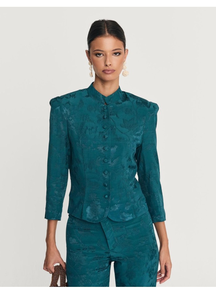 Jacket with stand-up collar and covered buttons