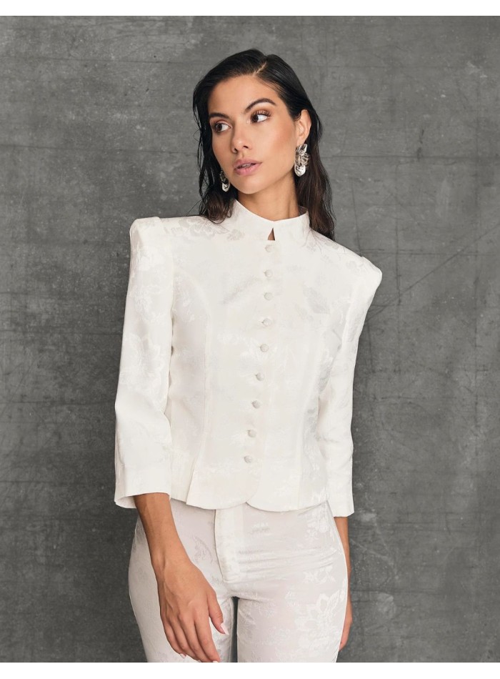 Jacket with stand-up collar and covered buttons