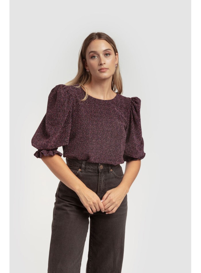 Chemisier en lurex noir à manches bouffantes et à volants