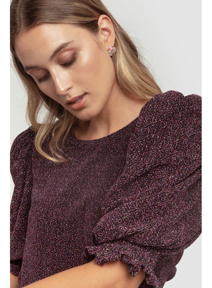 Chemisier en lurex noir à manches bouffantes et...