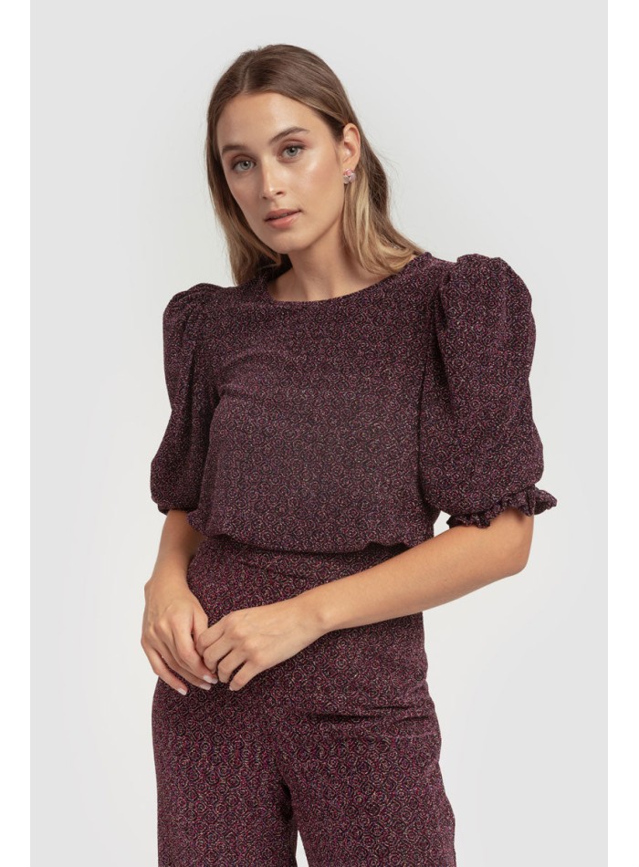 Blusa negra lúrex con mangas abullonadas y...