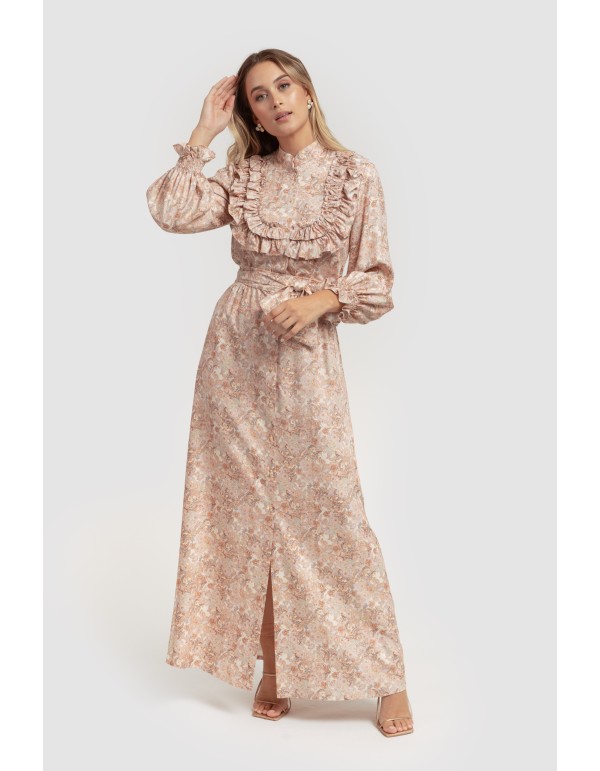 Pink floral print dress with ruffles and long sleeves