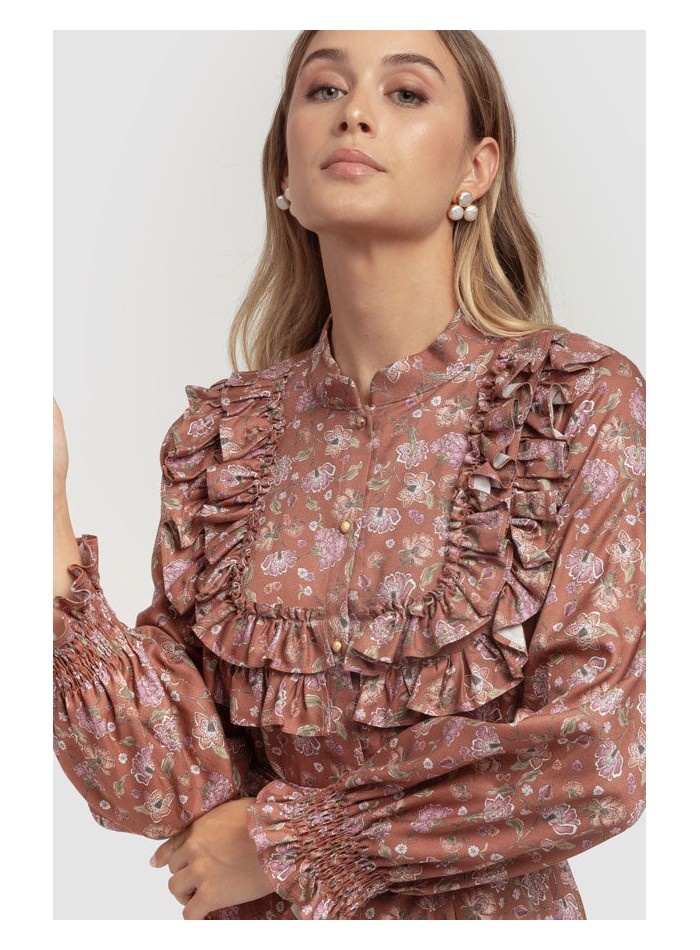Vestido estampado floral marrón con volantes en...