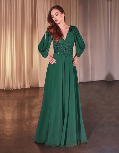 Long chiffon guest dress with open sleeves and rhinestone details