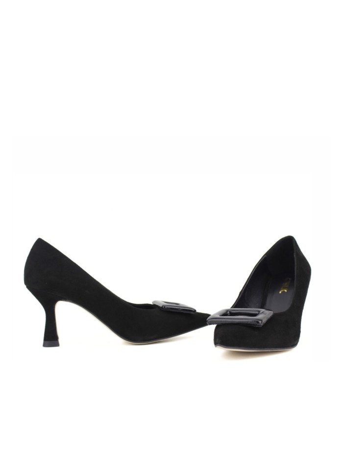 Black suede heeled shoe with buckle detail