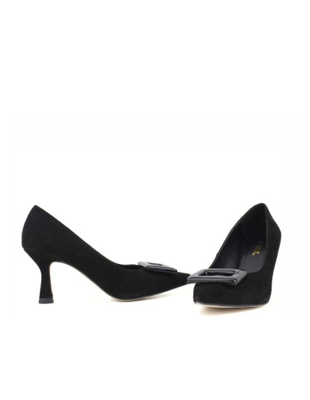 Black suede heeled shoe with buckle detail