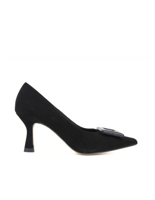 Black suede heeled shoe with buckle detail 2