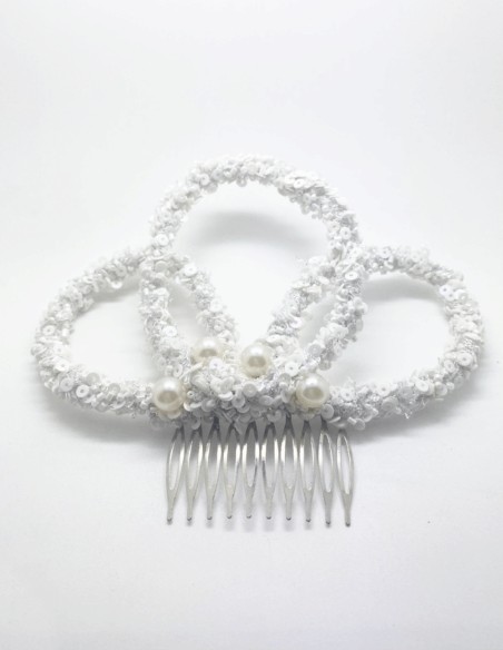 Peigne de mariée blanc avec sequins et perles blanches