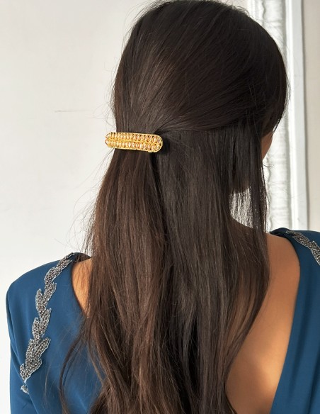 Barrette plaquée or avec cristaux roses en forme de petites feuilles