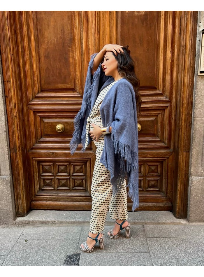 Light blue wool fringed poncho multiposition