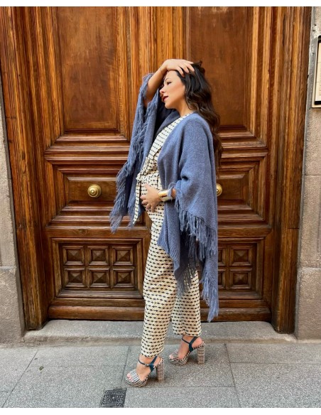 Light blue wool fringed poncho multiposition