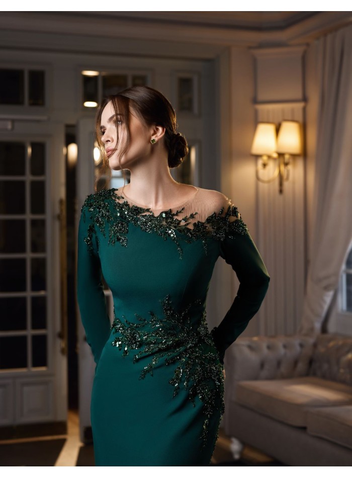 Long party dress with asymmetrical bodice and embroideries