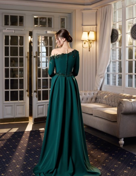 Long party dress with asymmetrical bodice and embroideries