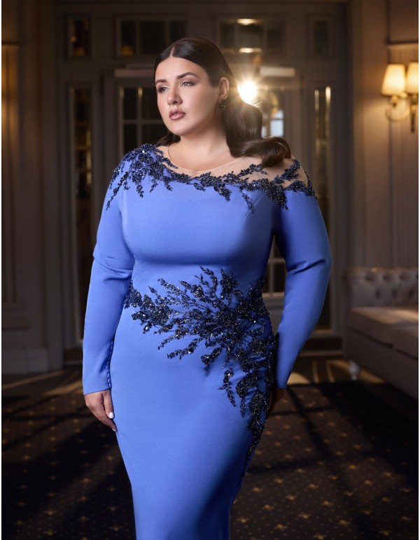 Long party dress with asymmetrical bodice and embroideries