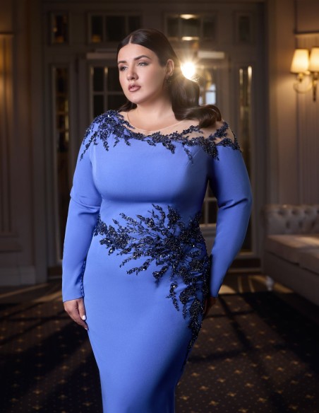 Long party dress with asymmetrical bodice and embroideries