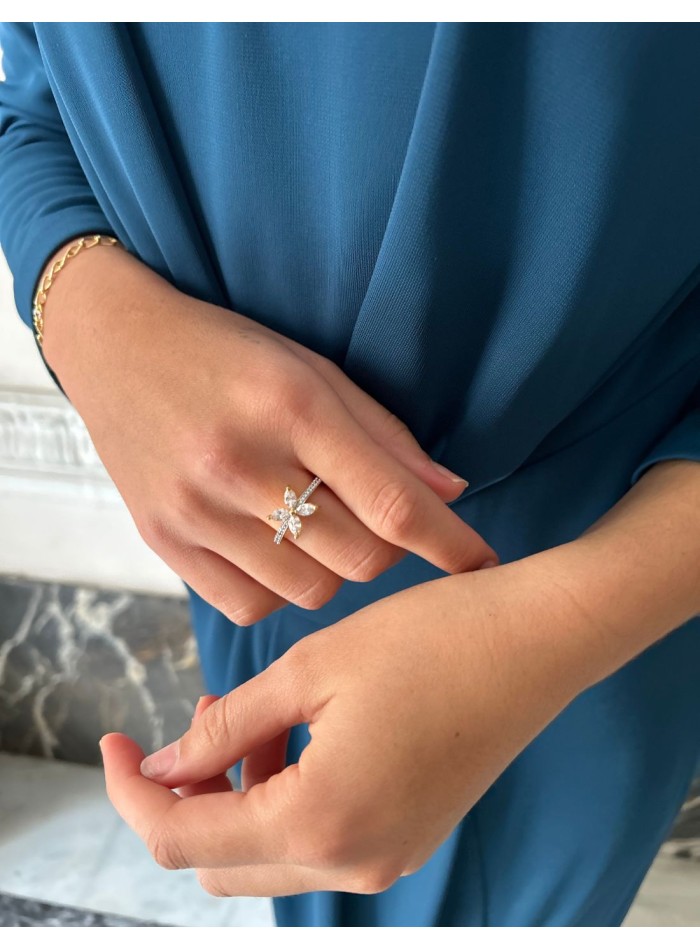 Bague fleur réglable avec zircon