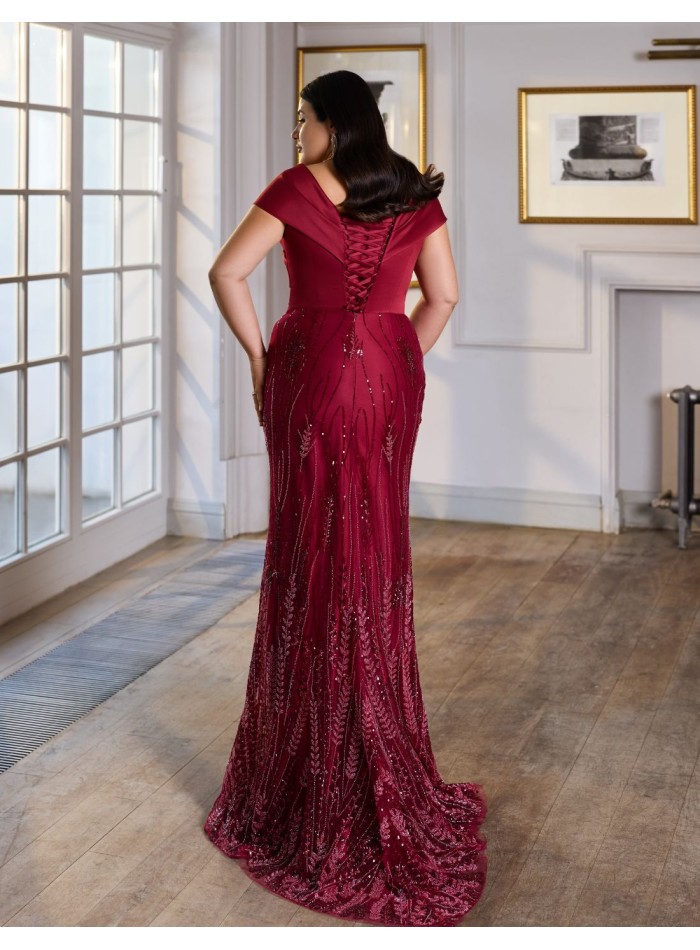 Vestido largo de fiesta corsé de satén y falda de guipur brillante rojo