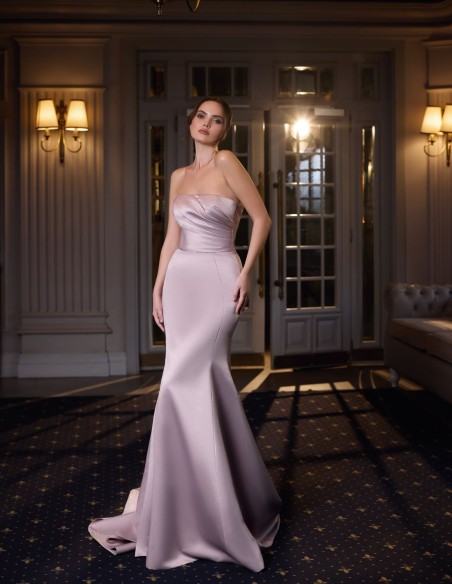 Long party dress with strapless bodice and rhinestone bolero