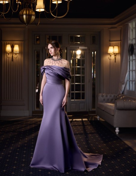 Vestido de fiesta largo con corpiño palabra de honor y bolero de pedrería