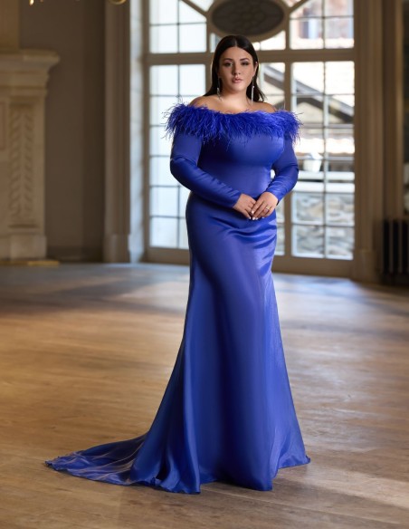 Long dress for guest with feather strapless neckline and long sleeves