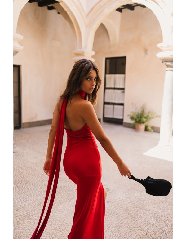 Vestido para invitada largo con cuello halter y abertura 2