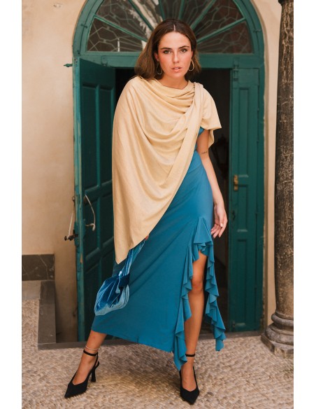 Vestido midi de fiesta con tirante fino y volante en el bajo