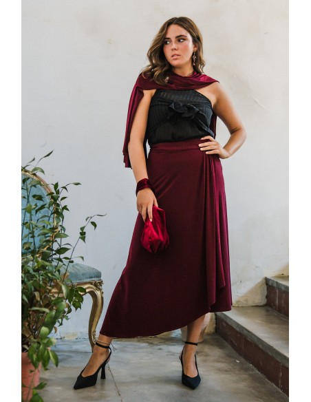 Falda midi cruzada burdeos