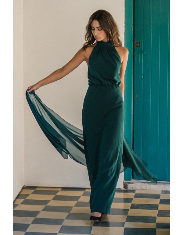 Long party dress with halter neckline and open back