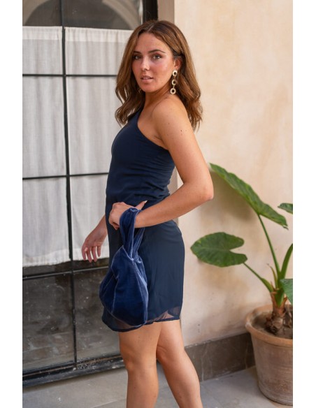 Robe de soirée courte en mousseline de soie bleu marine