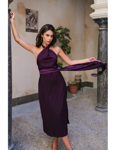 Robe de soirée midi avec encolure dos nu croisée et laçage à la taille