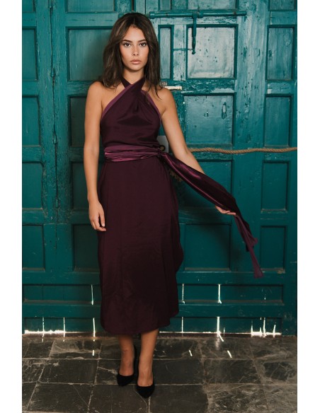 Midi party dress with crossed halter neckline and bow at the waist