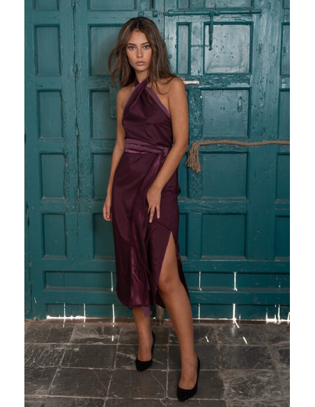 Midi party dress with crossed halter neckline and bow at the waist