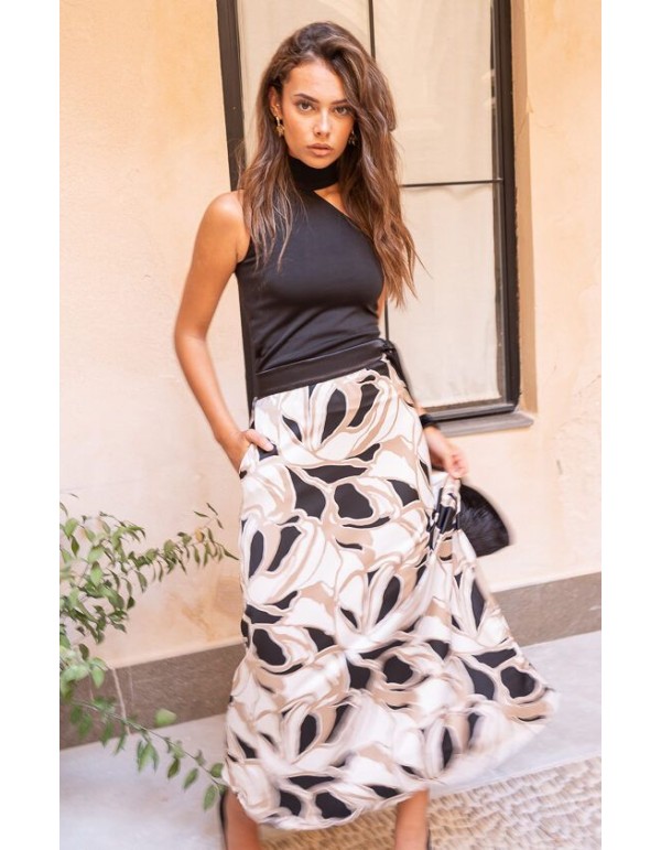 Falda midi de vuelo estampada con detalle lazo