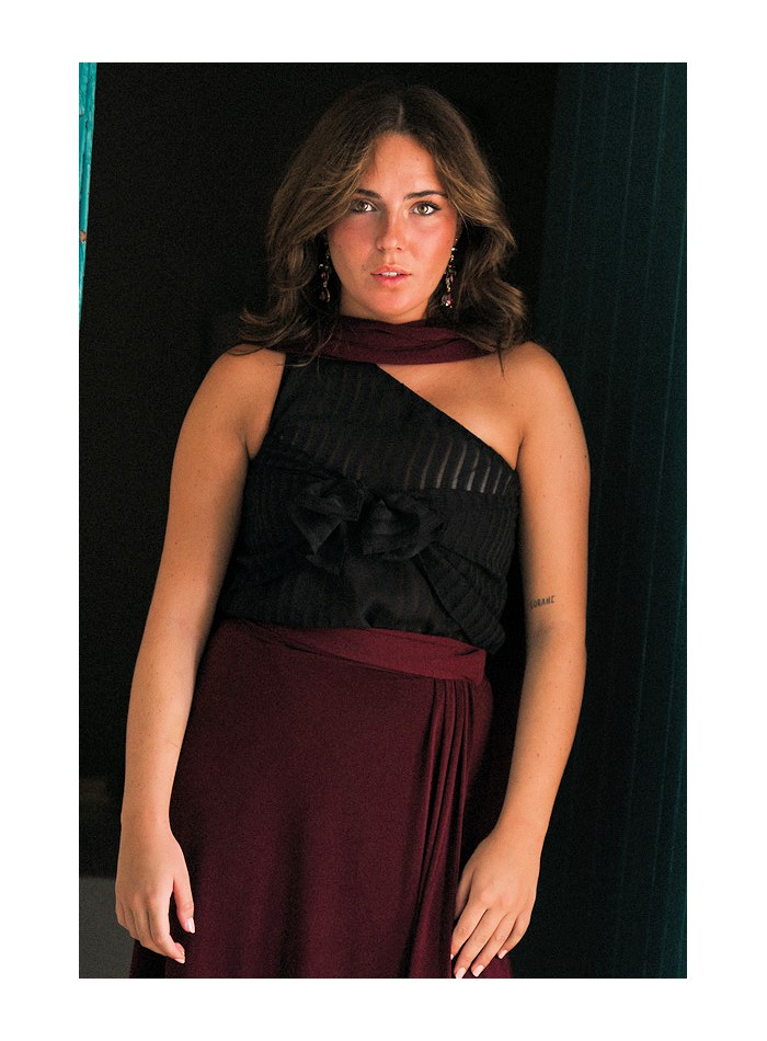 Blouse with asymmetrical chiffon neckline and bow