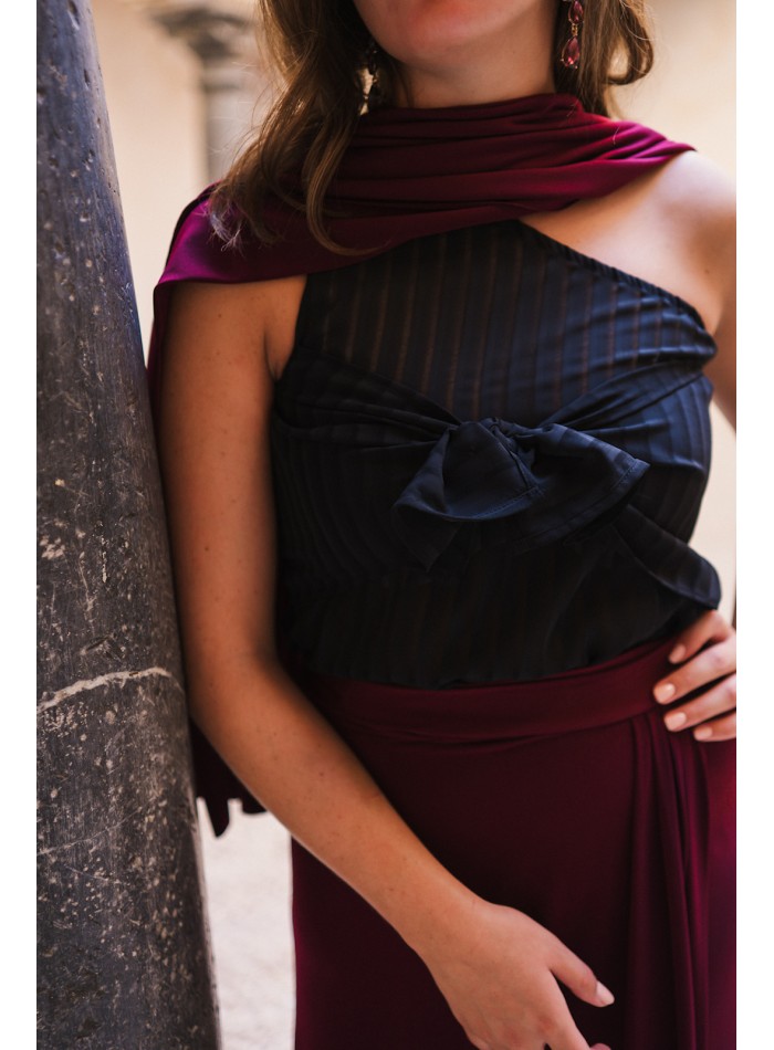 Blouse with asymmetrical chiffon neckline and bow