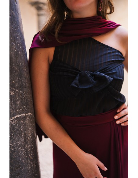 Blouse with asymmetrical chiffon neckline and bow