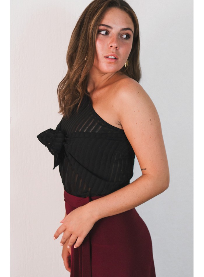 Blouse with asymmetrical chiffon neckline and bow