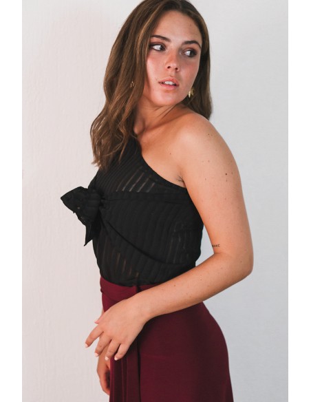 Blouse with asymmetrical chiffon neckline and bow