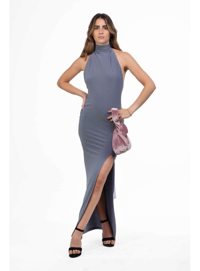 Vestido gris largo cuello halter