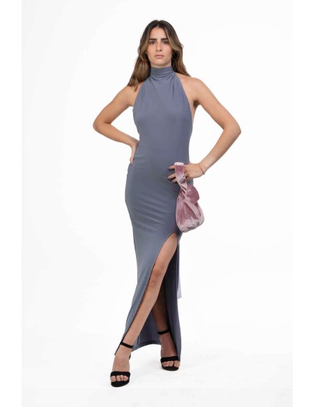 Vestido gris largo cuello halter