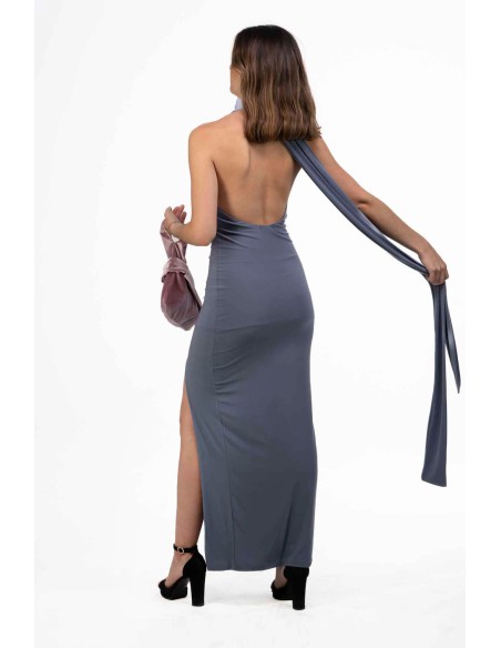 Vestido gris largo cuello halter