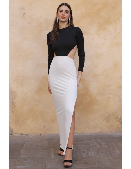 Black and white long open back guest dress