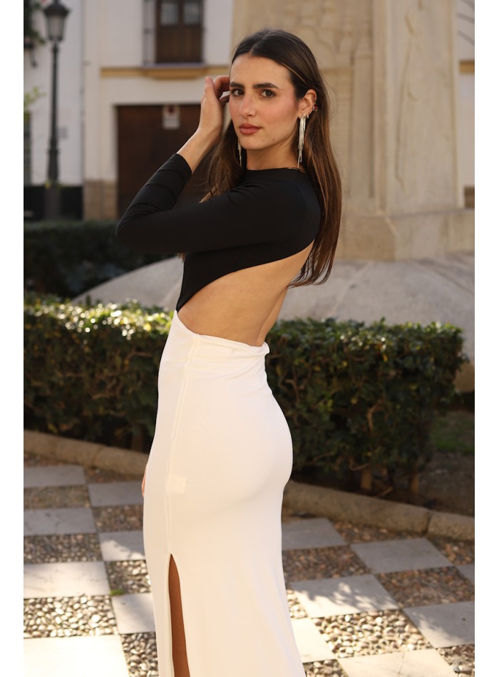Black and white long open back guest dress