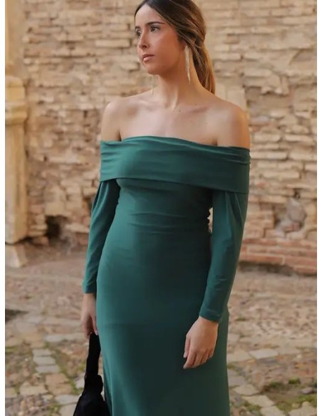 Robe d'invité longue à encolure bardot verte
