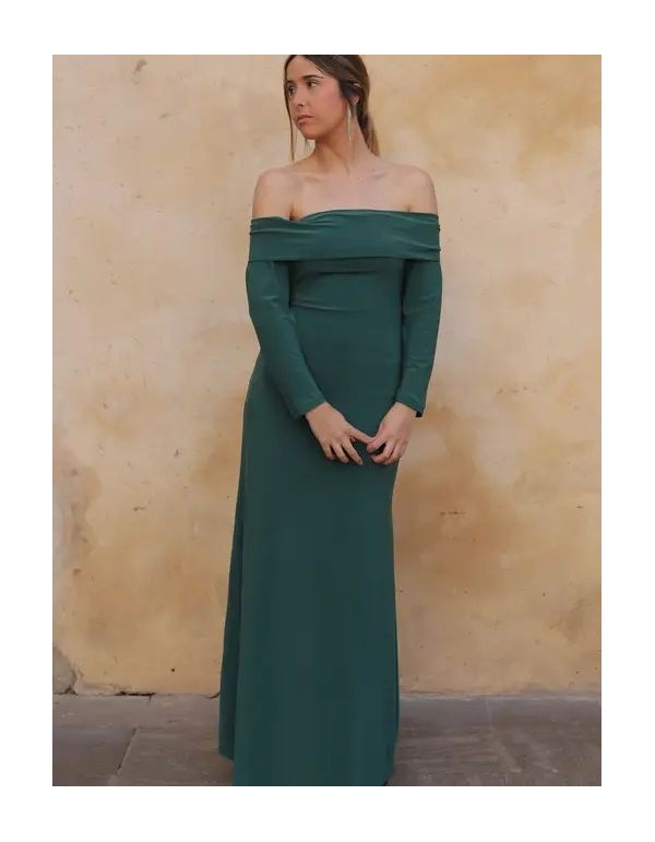 Robe d'invité longue à encolure bardot verte 2