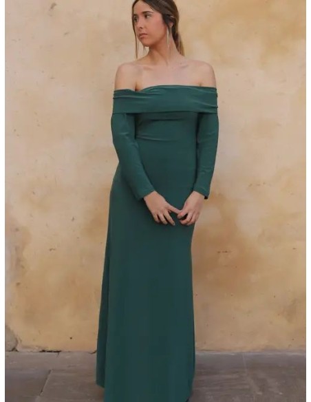 Long green bardot neckline guest dress