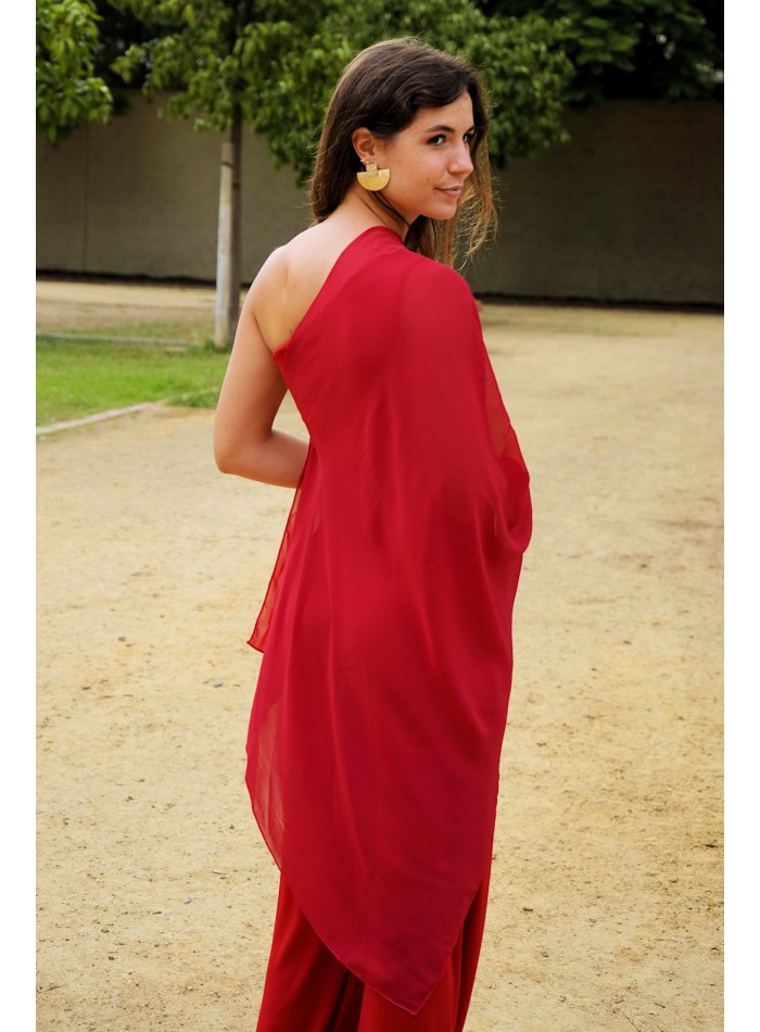 Asymmetrical red guest jumpsuit